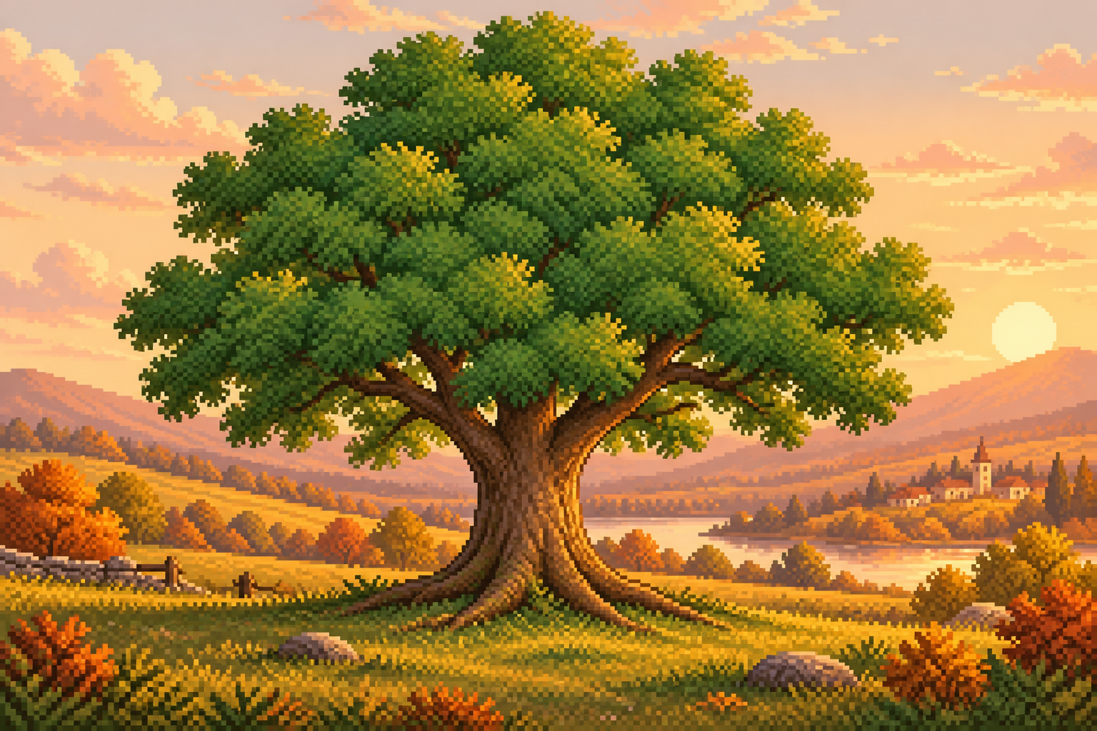 A beautiful green pixel tree in an autumn meadow