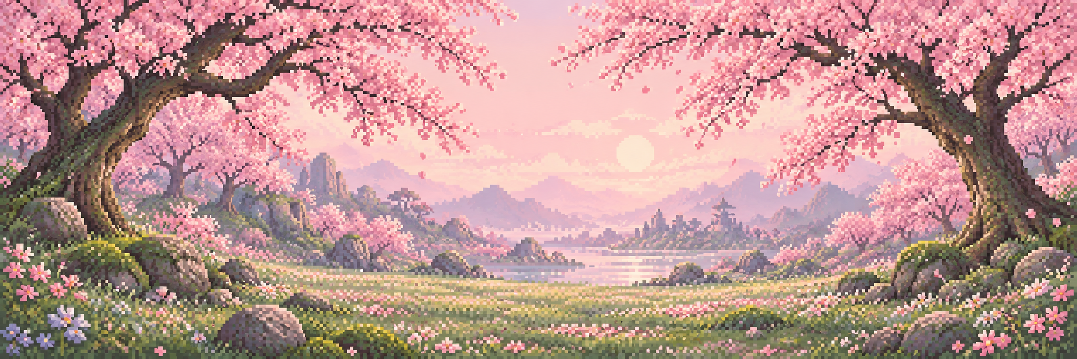 Pixel art cherry blossoms above a peaceful spring garden