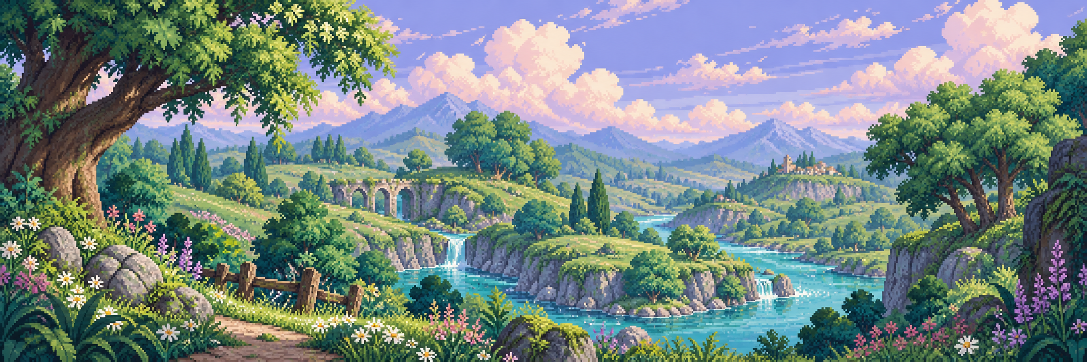 Verdant pixel hills and a turquoise river beneath pastel clouds