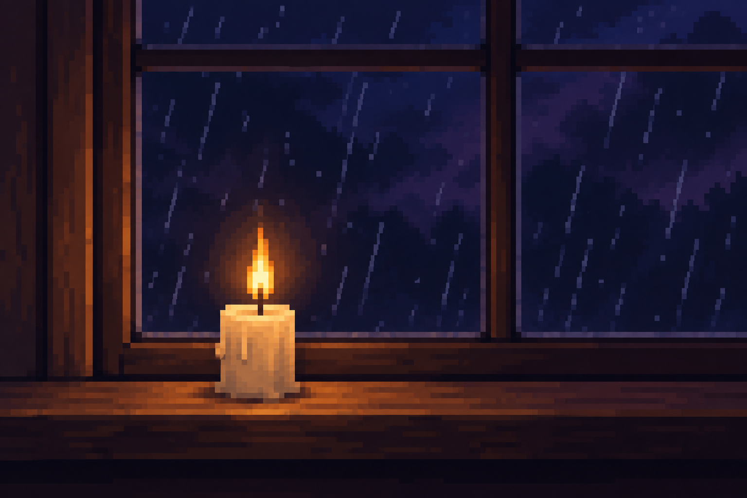 Simple pixel art of a lit candle beside a rain-streaked window